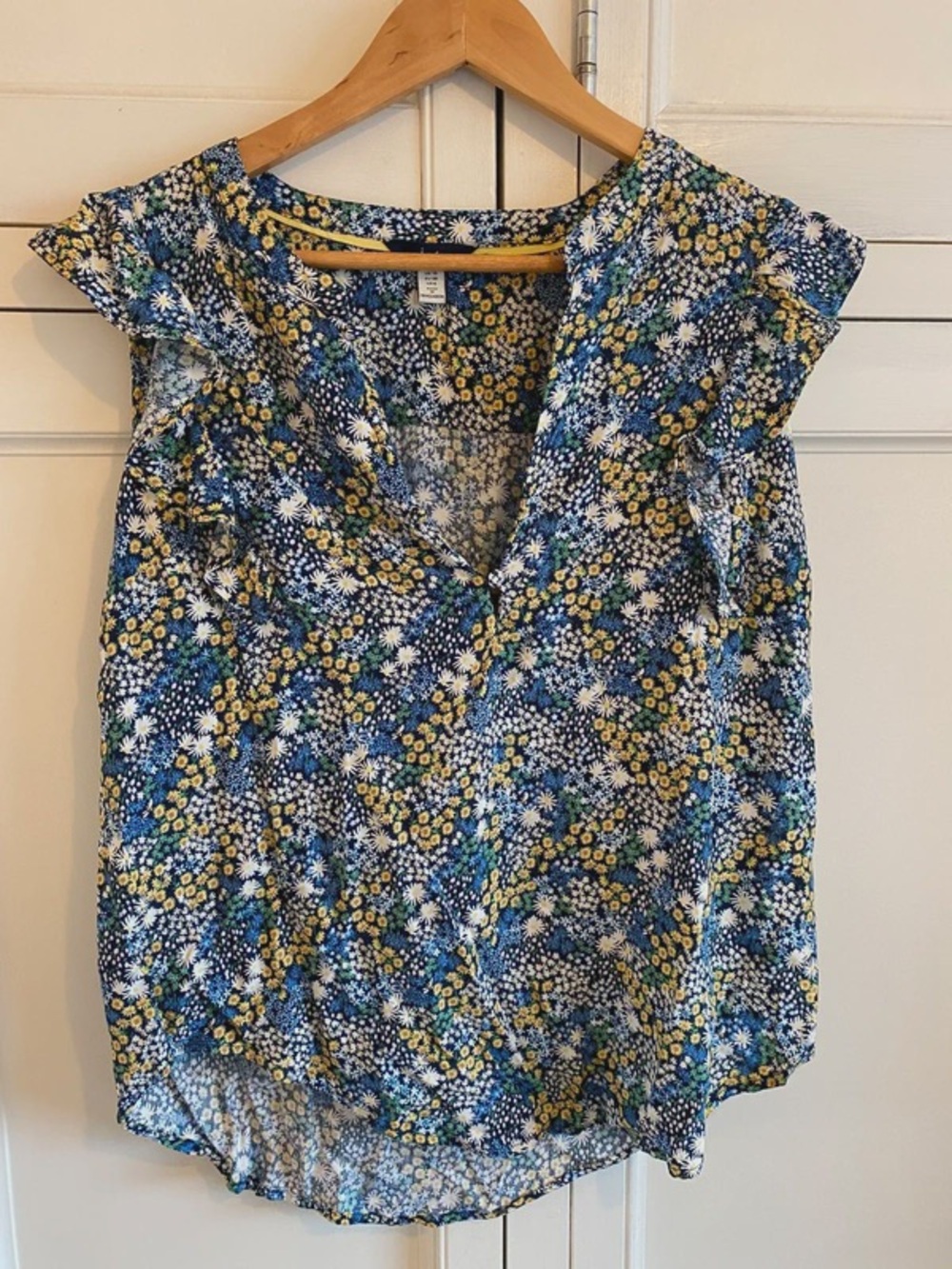 Joules Navy, White and Yellow Floral Ruffle Cap Sleeve V-Neck Top